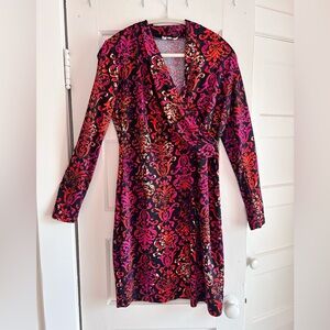 Amelia Red Pink Baroque Print Faux Wrap Long Sleeve Dress - Size Unknown